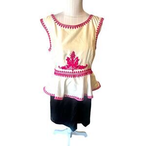 Pearl White Pink Embroidered Trim Peplum Scoop Neck Blouse Size 10